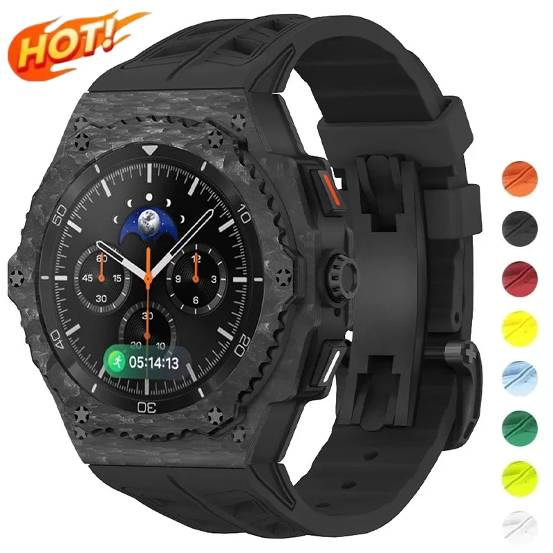HOT Carbon Fiber Case Modification Kit for Samsung Galaxy Watch 9/8 44mm Fluororubber Strap Galaxy Watch 8 Classic 46mm Mod Kit