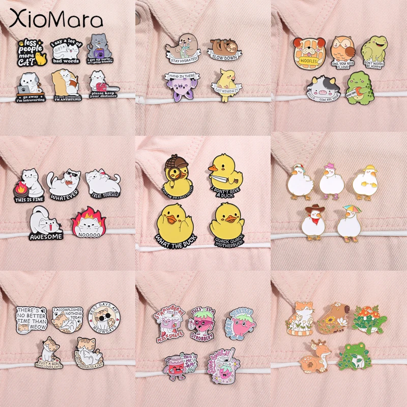 Épingles en émail d'animaux de dessin animé pour enfants, broches en métal personnalisées, insigne de revers, chat mignon, canard, oie, bijoux cadeaux pour amis, 4-6 pièces par ensemble