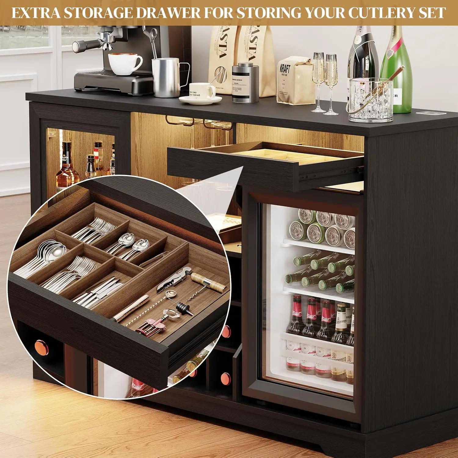 Coffee Bar Cabinet with Fridge (Fridge Included), Large Liquor Bar Cabinet with LED Lights, Glass Holder & Wine, Customized - view 6