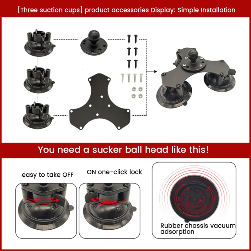 Ballhead Car Window Twist-Lock Triple Suction Cup Base with AMPS Hole Ball Mount for Camera Smartphone