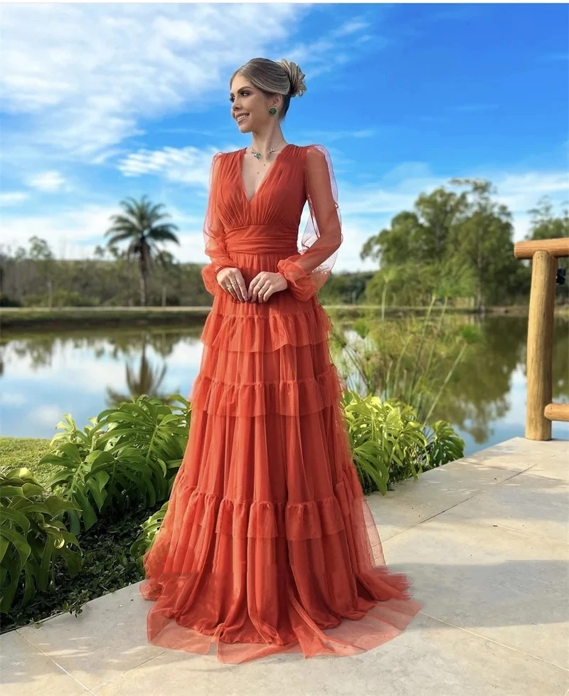 

Romantic Orange Tulle Prom Dresses V Neck Tiered Puff Long Sleeves A-Line Evening Gowns Wedding Party Gown 2024 For Women