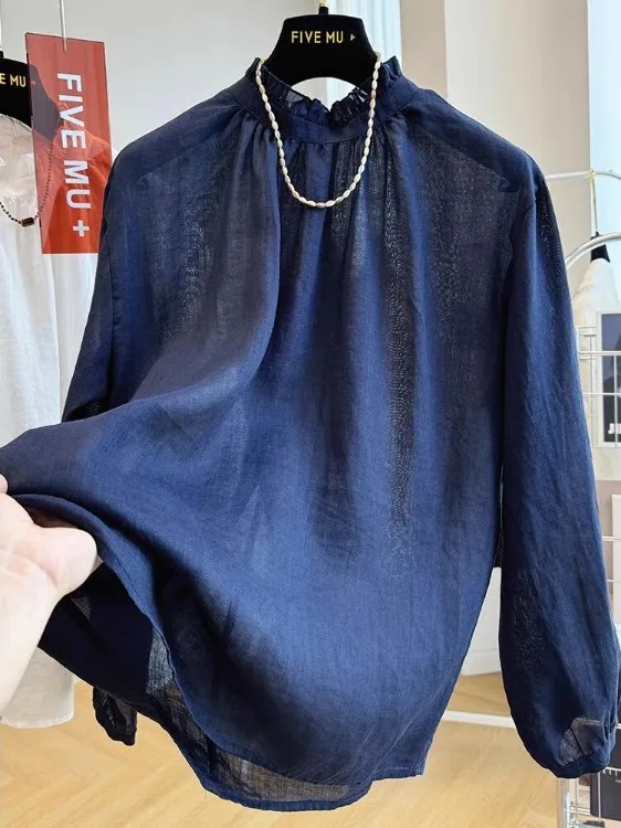 

Аутентичная весенняя универсальная женская рубашка с длинным рукавом, тонкая, элегантная, с деревянным воротником, во французском стиле, свободного кроя.