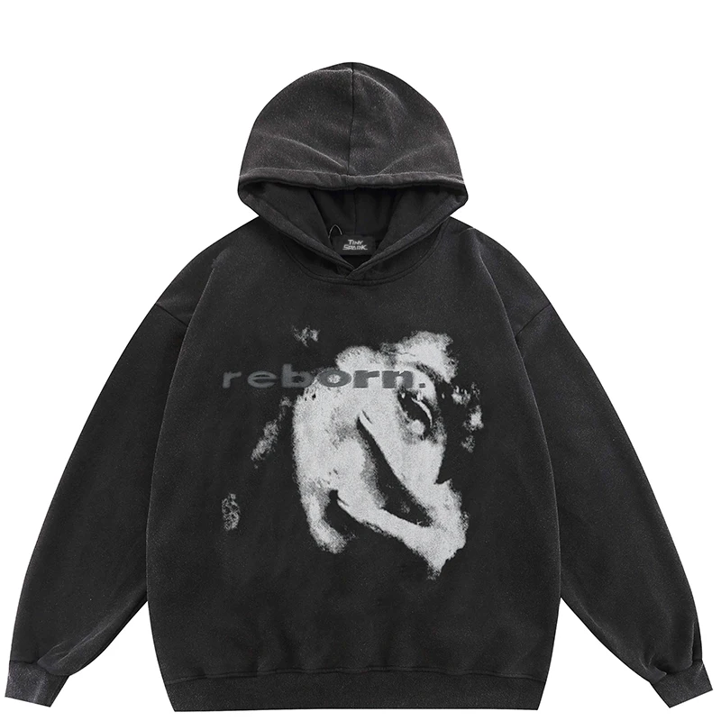 2024 Oversize Hoodie Sweatshirt Women Men Streetwear Face Ghost Shadow Graphic Harajuku Retro Washed Black Hooded Pullover Y2K