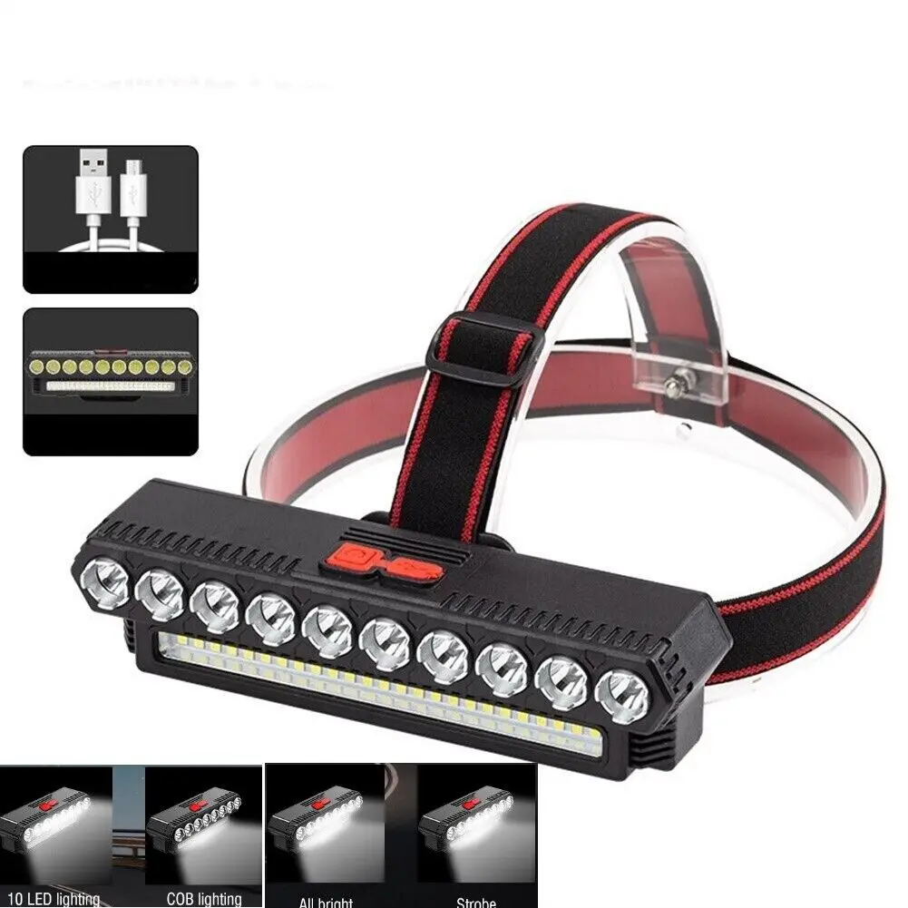 COB 10LED Headlamp Rechargeable Headlight Torch Work Light Bar Head Band Lamp US