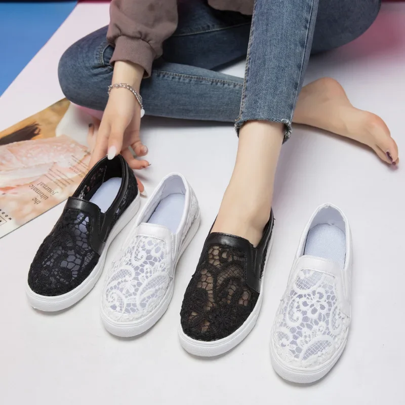 Women Shoes Summer Mesh Lace Women Casual Shoes Sneakers Breathable Hollow Flat Loafers Slip-On Height Increase Shoe2024