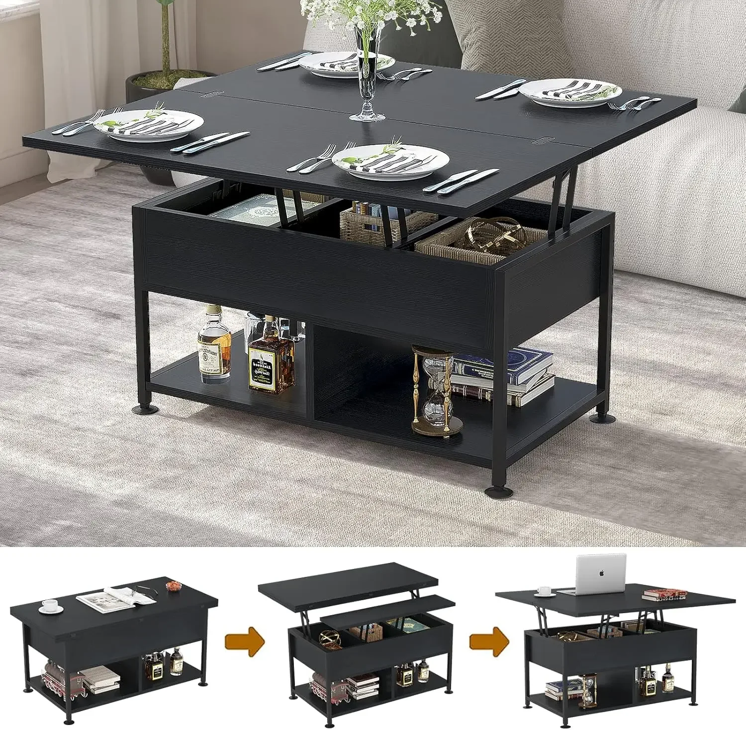 Mesa de centro elevable, mesa de centro multifunción 4 en 1 con compartimento oculto, mesa de comedor moderna con elevación