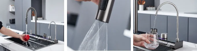 현대적인 304 스테인리스 스틸 싱글볼 싱크대 언더마운트 카운터 설치 나노 스퀘어 레인폴 폭포수 디자인 2개