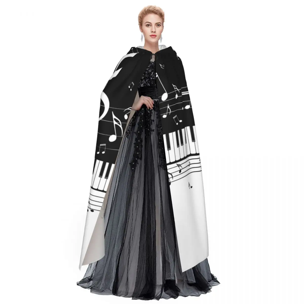 Abstract Piano Keys With Musical Notes Hooded Cloak Polyester Unisex Witch Cape Costume Accessory