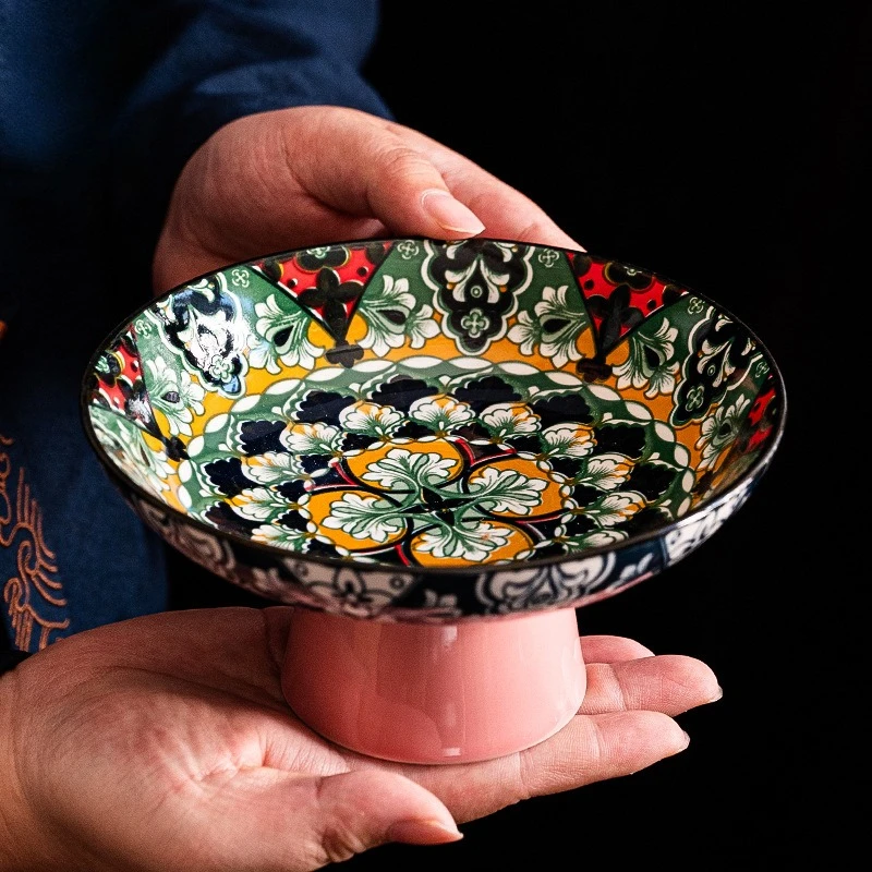 Ceramic High Foot Fruit Plate Chinese Style Printed Snack Tray Elegant Dried Fruit Dish Tea Ceremony Tableware Home Decor