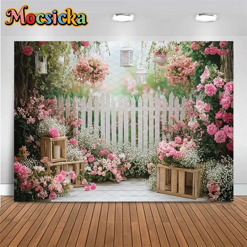 Mocsicka Garden Floral Photography Backdrop Pink Rose White Fence Background Wedding Bridal Shower Party Studio Photoshoot Props