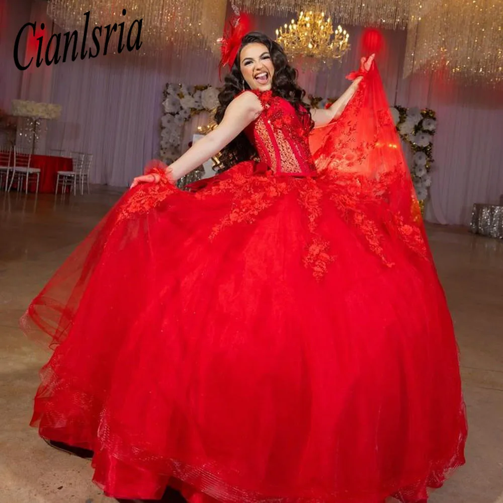 Vestido De quinceañera para fiesta De cumpleaños, traje rojo con apliques De cuentas, 15 Años, 2024