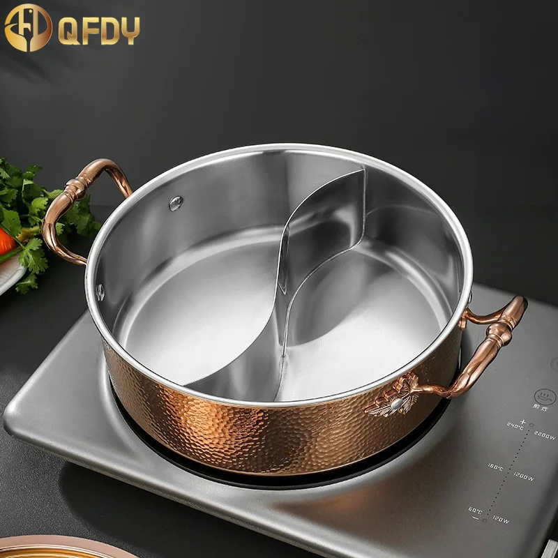 Italian manual hammer printing pot Commercial double flavor hot pot 304 stainless steel hot pat 3-layer steel clear soup pot