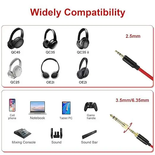 Hochwertiges Audiokabel für Bose QC25 QC35 QC35II QC45 NC700 Kopfhörer 3,5mm + 6,35mm auf 2,5mm Stecker Spiralkabel/ohne Mikrofon – Detail 4