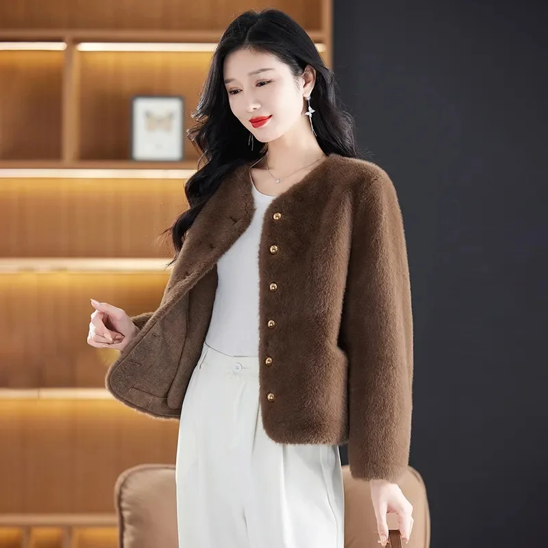 겨울 여성 고급 긴 소매 인조 모피 코트 한국 여성 패션 레저 모피 탑 재킷 2025 라운드 넥 플러시 아우터웨어