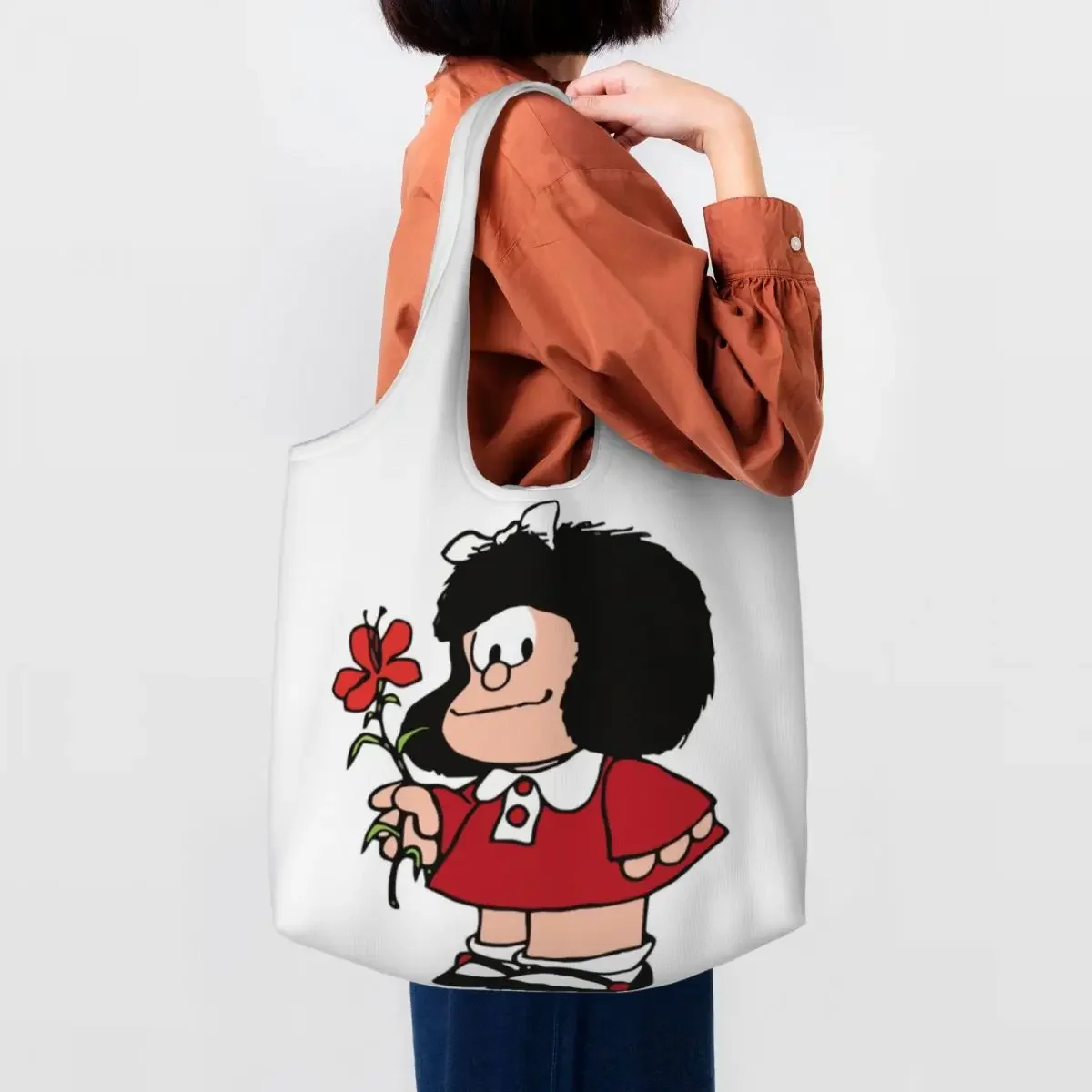 

Custom Printing Kawaii Mafalda With Flowers Shopping Tote Bags Durable Canvas Shopper Shoulder Quino Comic Cartoon Bags Handbags