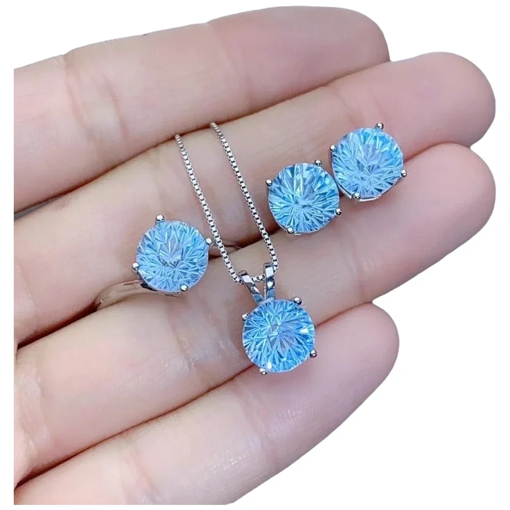 

KJJEAXCMY-925 Sterling Silver Round Earrings for Women, Fine Jewelry, Sky Blue Topaz, Simple Pendant, Suit Support, Fashion