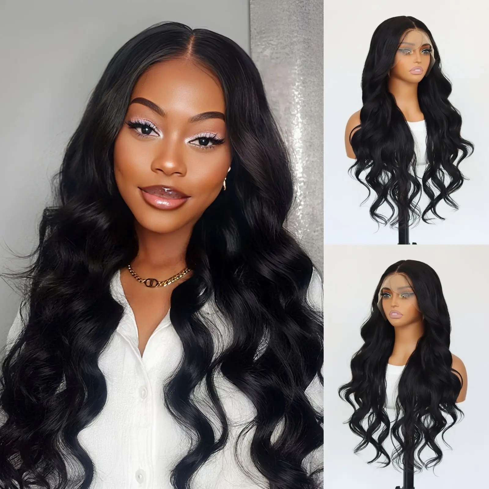 Black Body Wavy 13x4 Lace front wig Long Wave Lace Front Synthetic Wig Black Wavy Wig  Pre Plucked Natural Hairline Wig 24Inch