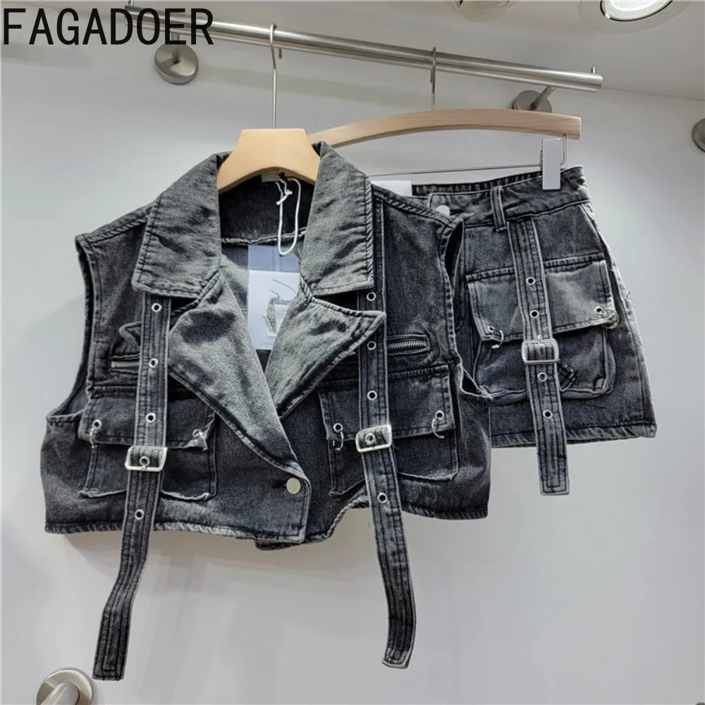 FAGADOER สีชมพู Retro DENIM 2 ชิ้นชุดผู้หญิง Cargo กระเป๋าขนาดใหญ่เสื้อ + กระโปรงมินิชุดจับคู่ Y2k เสื้อผ้า streetwear