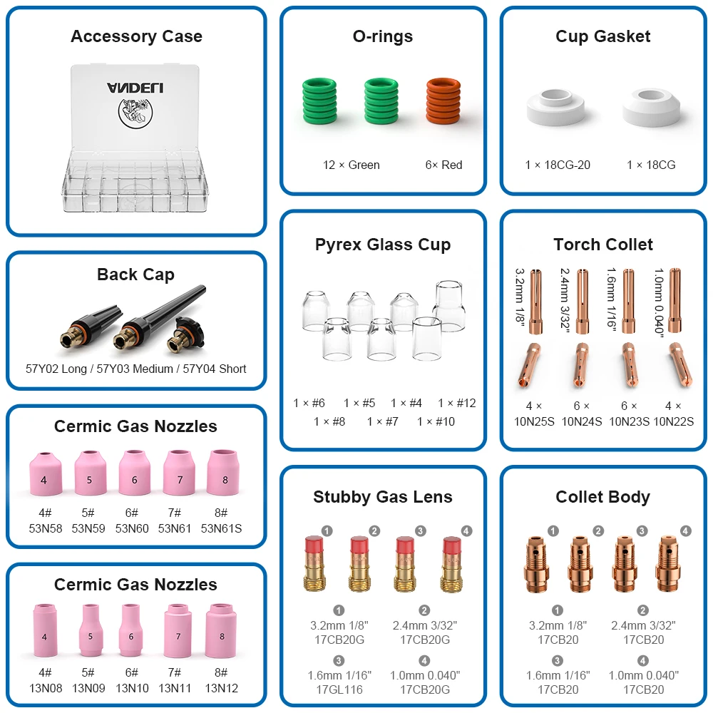 ANDELI 68PCS TIG Welding Torch Stubby Gas Lens for WP-17/18/26 Pyrex Glass Cup Kit Durable Practical GTAW Welder Accessories 6