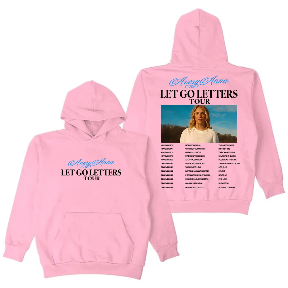 GF Avery Anna Let Go Letters Tour 2025 هوديي للجنسين كم طويل ملابس الشارع الشهير الرجال النساء قمصان سويت شيرت بقلنسوة
