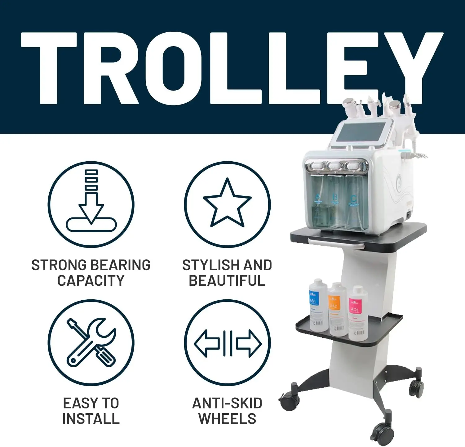 Beauty Trolley Salon Rolling Cart – A White Color Moveable Esthetician Machine Cart with Additional Tray, Wheels, and Stand – Mo