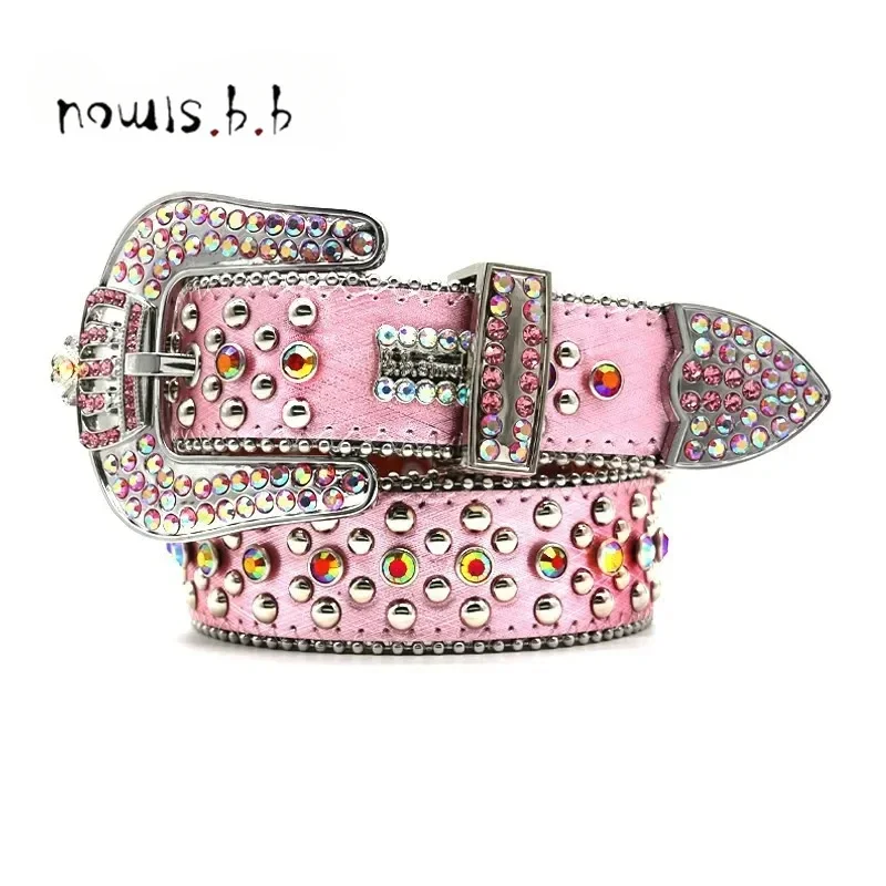 Pink Brand Diamond Belts Luxury Leather Strap Crystal Studded Rhinestone Bling  Western Cowgirl Cowboy  For Y2K Jeans