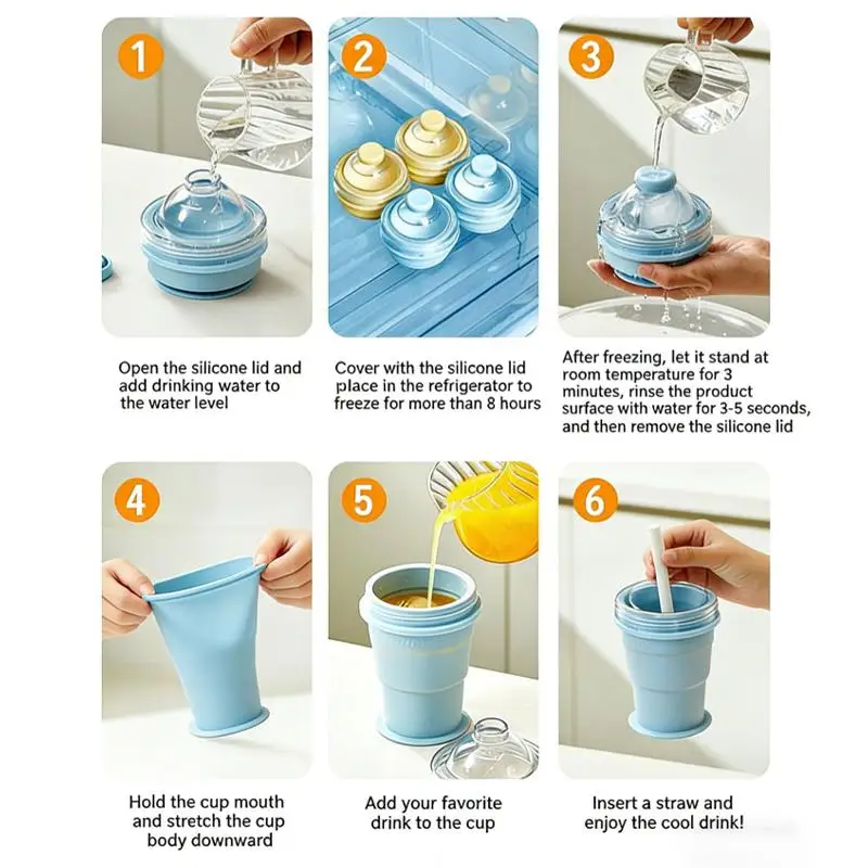 1PC 2026 Portable Foldable Ice Ball Cup With Built-In Straw Food-Grade Silicone Mold Summer Outdoor Travel Tumbler