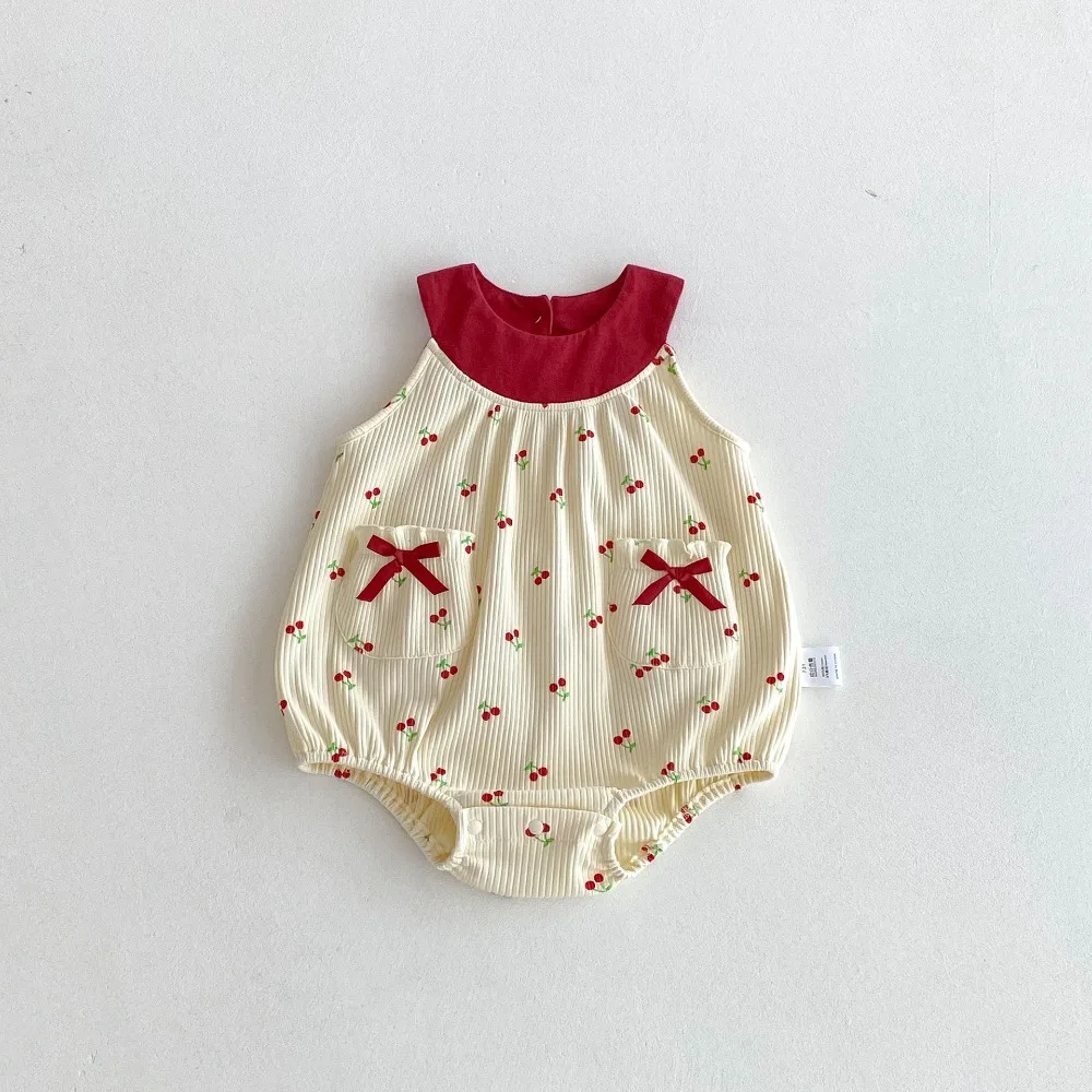 2026 Smmer Baby Girl Romper 0-2Years Newborn Princess Sleeveless Cherry Pattern Bow Bodysuit Outfits Cotton Sunsuit Clothes