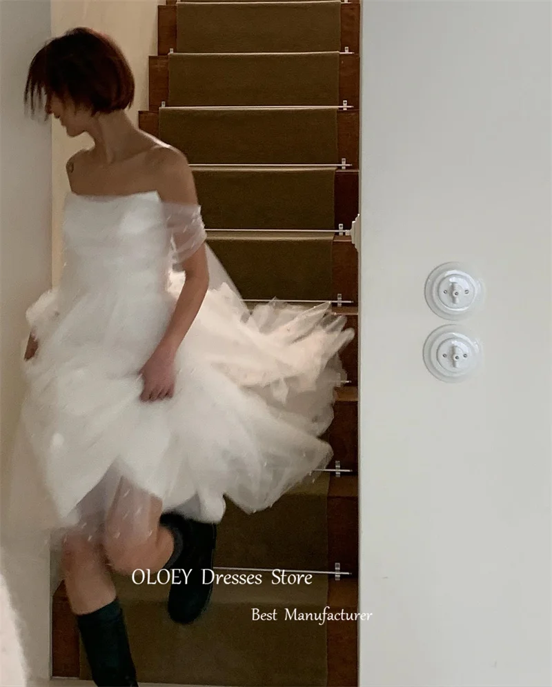 OLOEY A Line Tulle Korea Wedding Dresses With Bolero Pearls Strapless Floor Length Bridal Gowns Corset Back Korea Photoshoot