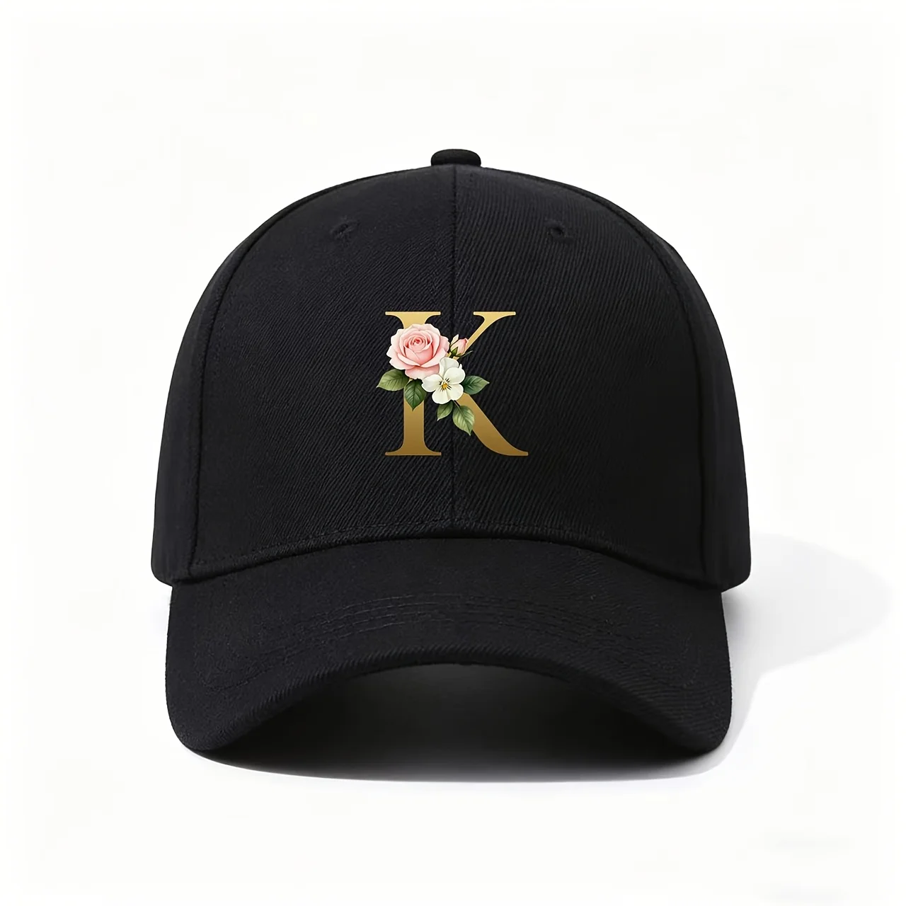 Baseball Cap, Golden Letter K Rose Pansy Floral Art Noble Gentle Romantic Style Wedding Blessing Memorable Anniversary Holiday S