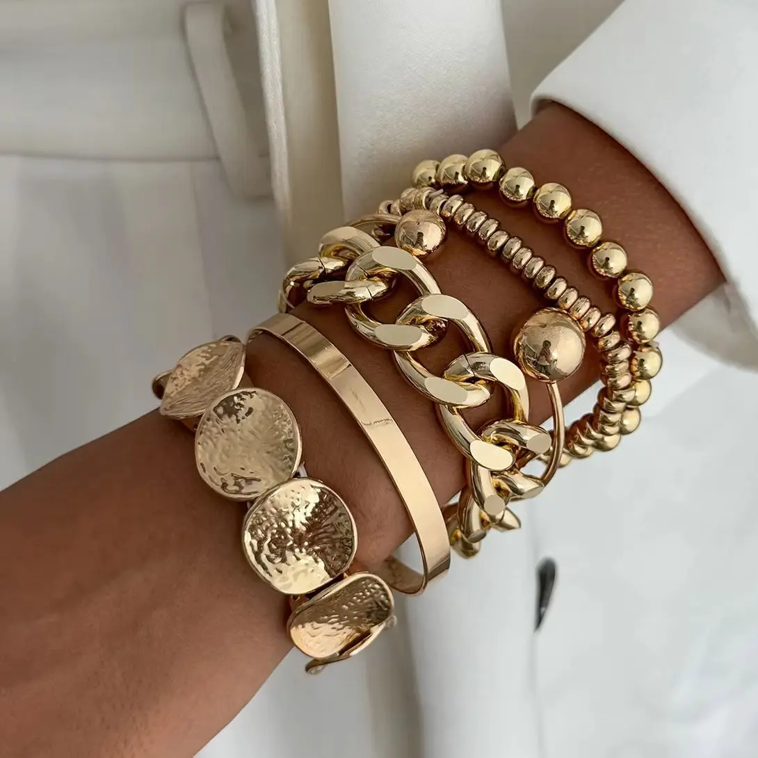 SHIXIN 6Pcs/Set Punk Geometry Multilayer Beaded Bangle Women Delicate Gold Color Metal Knot Cuff Bracelet Fashion HipHop Jewelry