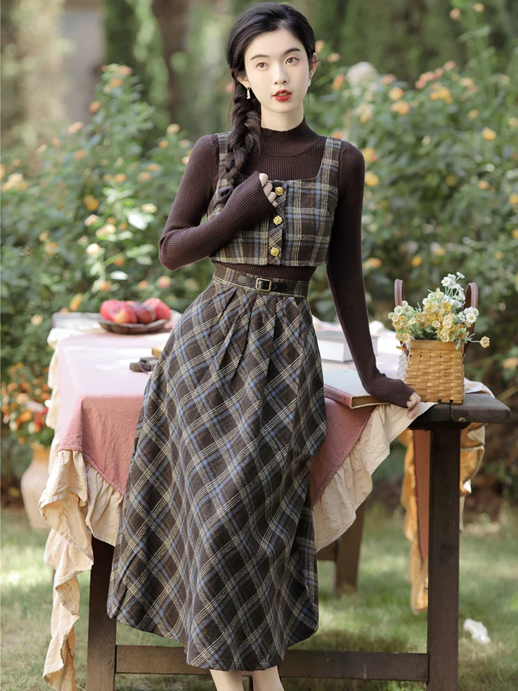 Stylish Elegant Plaid Three Piece Skirt Set Women Spring Autumn Long Sleeve Top and Long Skirts Korean Fashion Outfits