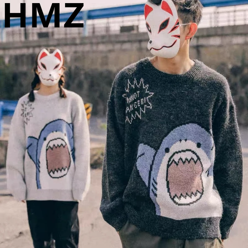 HMZ Couple Cartoon Shark Knitwear Sweater Winter Patchwork Harajuku Korean Style O Neck Oversized Grey Sweater Jumper For Men