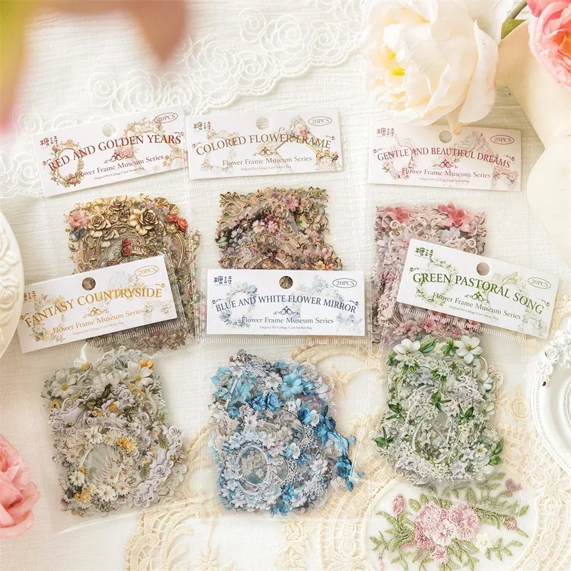 20pcs Flowers Frame Collage PET Scrapbooking PET Materials Art  Journal Stickers for Decor Sticker Junk Stationery150*100MM