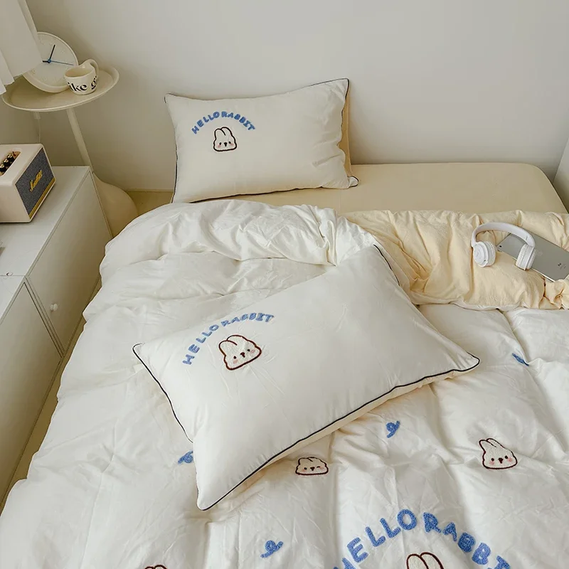 Cute Bread Rabbit Embroidery Bedding Set Lovely Cartoon Single Double Duvet Cover Set Soft Skin-friendly Quilt Cover Pillowcases