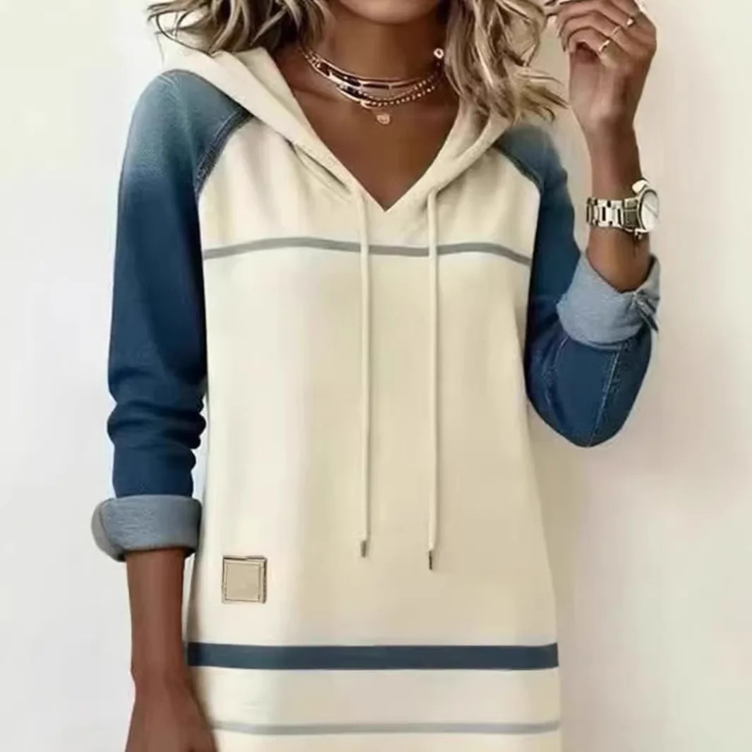 Mid Length Dress Women Dresses A Line Vestidos Hooded Full Sleeve Denim Splice Elegant Drawstring Y2k Streetwear Work Striped