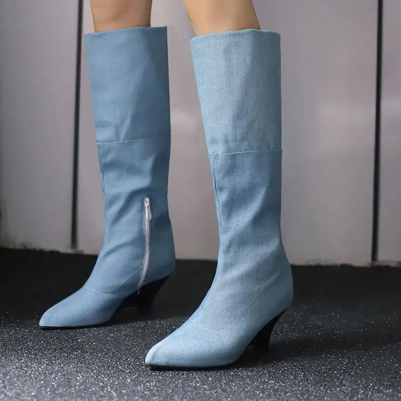 

Girseaby Fashion shoes Women's Mid-Calf Boots Pointed Toe 6cm Block Heel Splice Design Size 46-48 Leisure Daily Style Blue