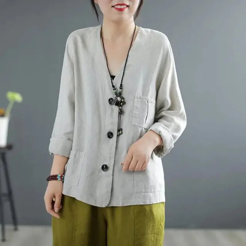 2024 Cotton And Linen Jacket For Women Solid Thin Sun Protection Jacket Chinese Style Literary V-Neck Long Sleeved Cardigan Top