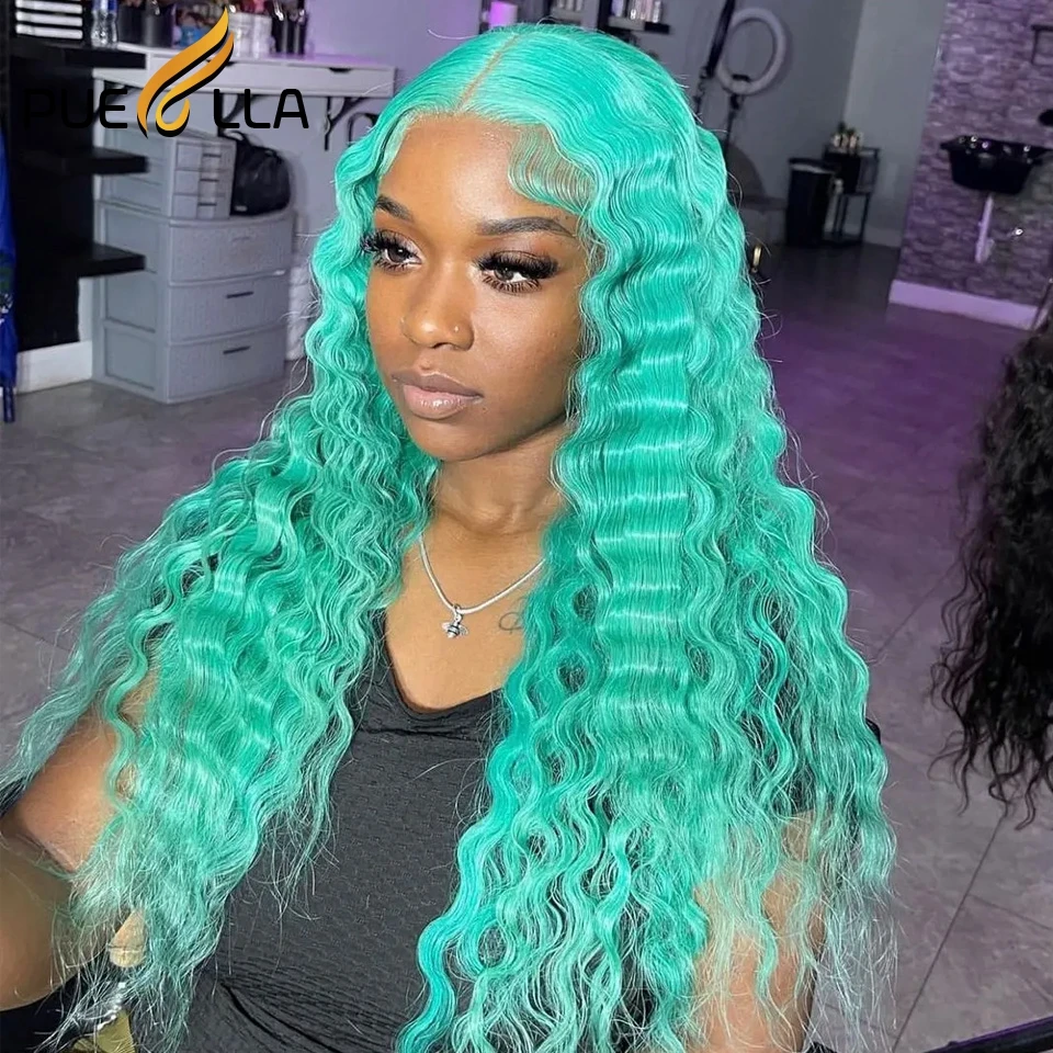 Perruque Lace Front Wig Deep Wave Naturelle Bouclée, Cheveux Longs, Vert Ombré, 4x4, 13x6, 13x4, pour Femme Africaine