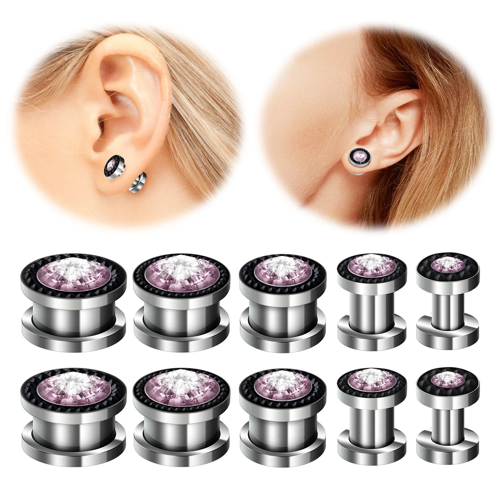 1Pcs fashion stainless steel diamond inlaid round metal auricle purple diamond human piercing piercing piercing ear reamer