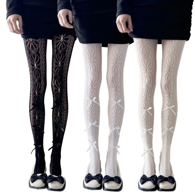 

Women Bowknot Fishnet Pantyhose Hollow Floral Patterned Sheer Lace Tights