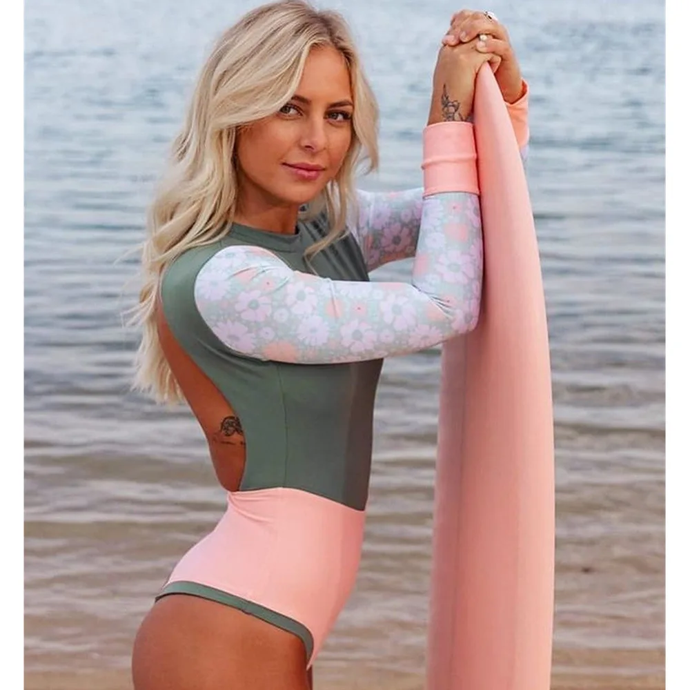 

2023 New Swimsuit Solid Color Printing Splicing Long-sleeved Surfing Suit Sexy Backless Swimsuit Female Swimsuit