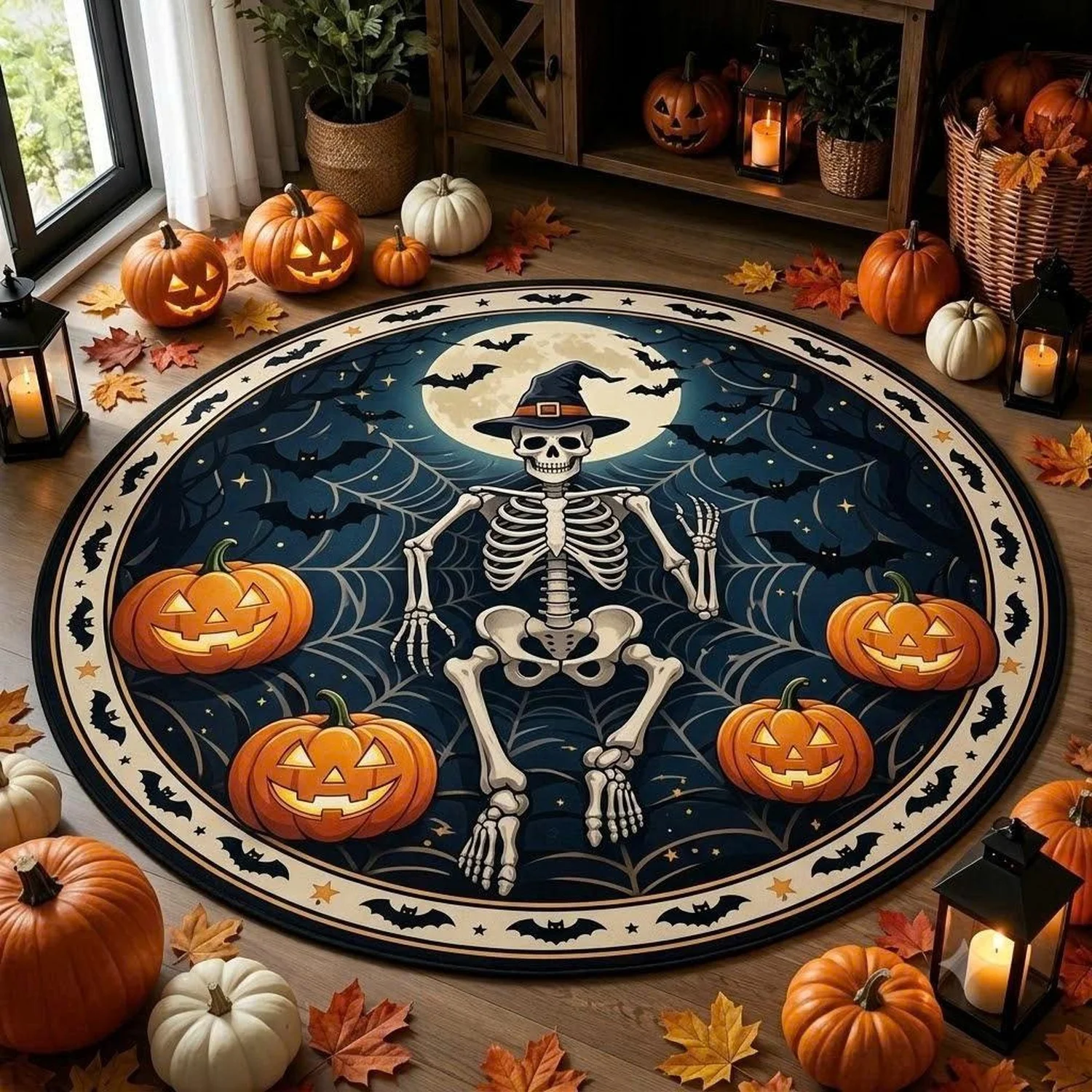 Halloween Skull Round Rug, Spooky Witch Skull Carpet, Pumpkin Lantern Floor Mat, Gothic Halloween Decoration, Witch Rug