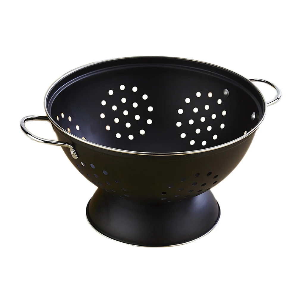 

Stainless Steel Tray Black Round Fruit Plate Hollow Design Portable Drain Dish Vegetable Wash Basin Storage Basket For Wedding