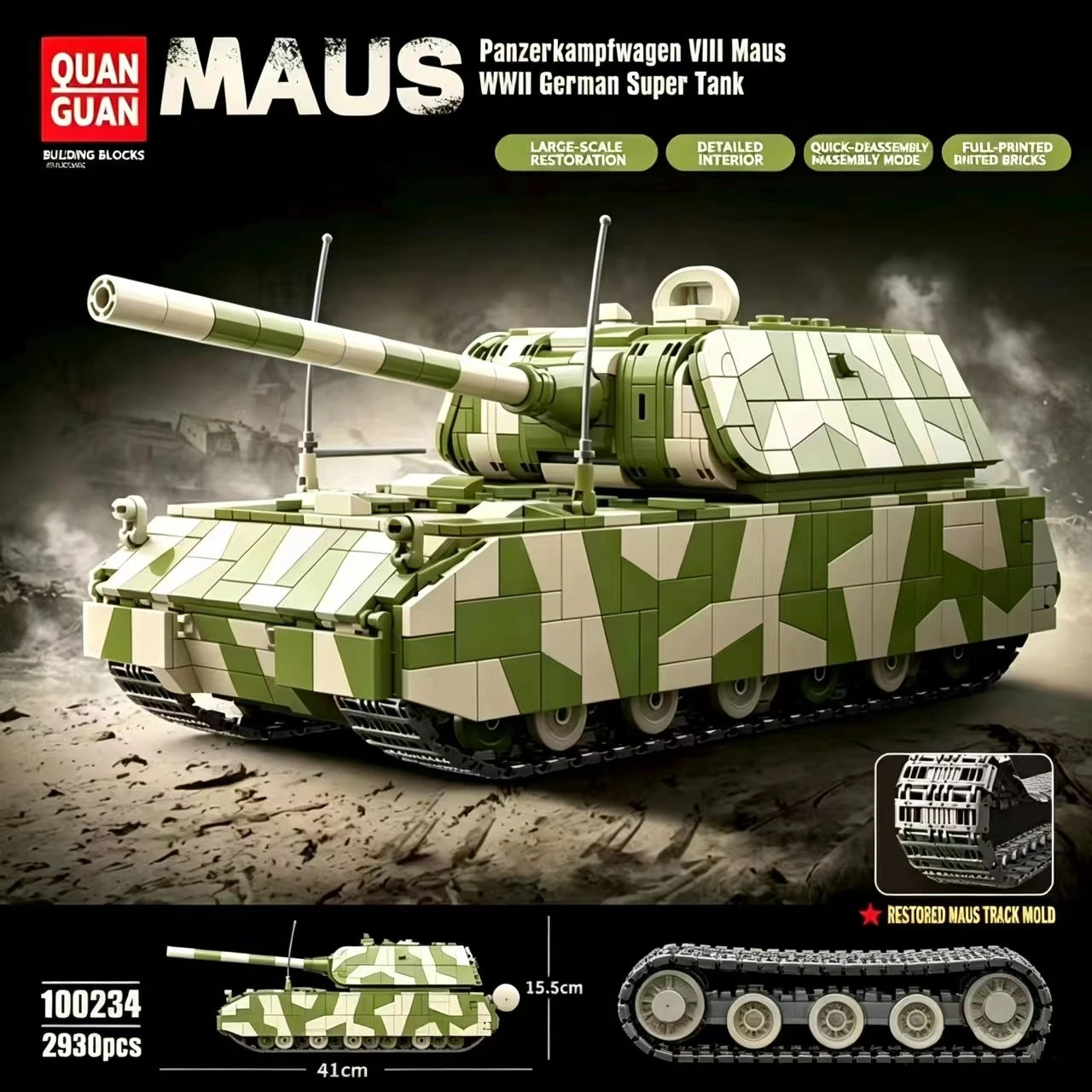 100234 Maus Super Heavy Tank Building Blocks 2930Pcs, Military Model Bricks with Random Minifigure for Hobby Display