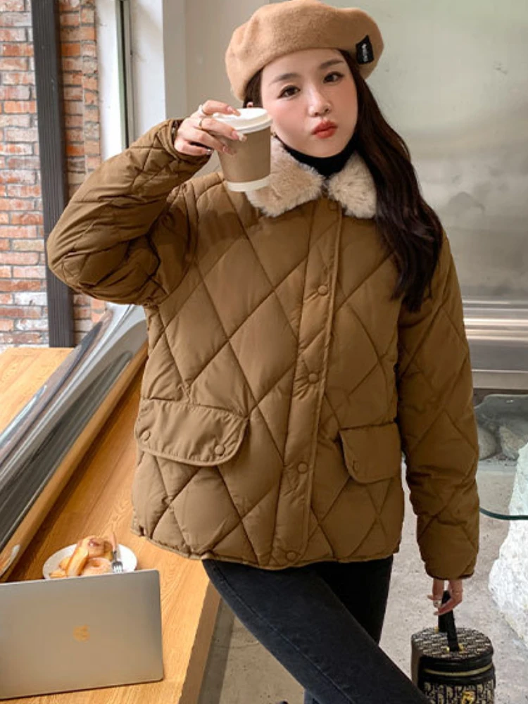 Coats Woman Winter 2022 Parkas Cold Proof Clothing Short Imitation Lamb Wool Color Contrast Lapel Cotton Thick Jacket Women Tops