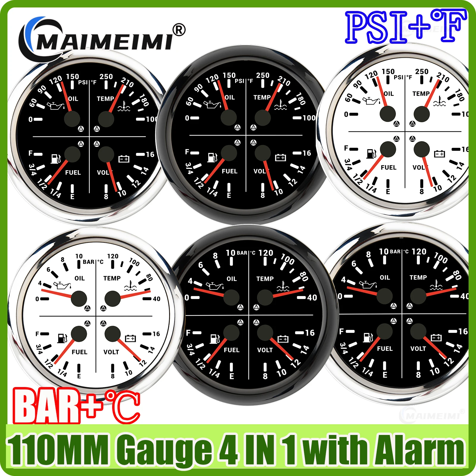 110mm 4 in 1 Multi Gauge with Flashing Alarm Red LED Oil Pressure Water Temp Fuel Level Voltage 12V for Car Boat Marine Yacht