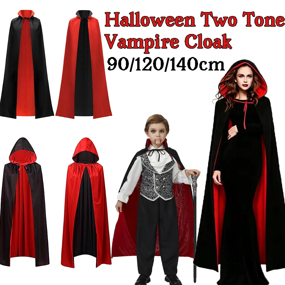 Halloween Two-Tone Vampire Cloak Hooded Stand-Up Collar Reversible Party Cosplay Costume Men Women Unisex Black Red Cape Robe