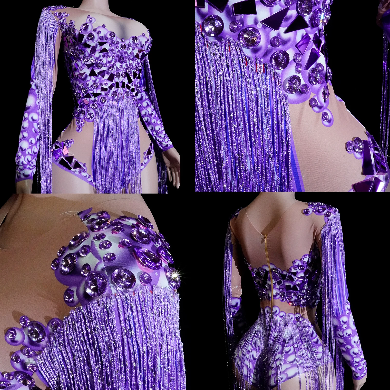 반짝 이는 보라색 거울 라인 석 프린지 레오타드 바디 슈트 댄스 공연 무대 파티 카니발 복장 나이트 클럽 레이브 의류