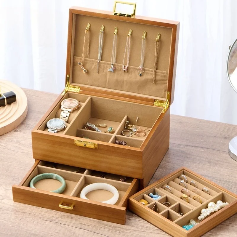 Solid Wood Jewelry Organizer Box Divided Compartment Earring Storage case Women's Ring Storage Boxes Desktop Necklace cases